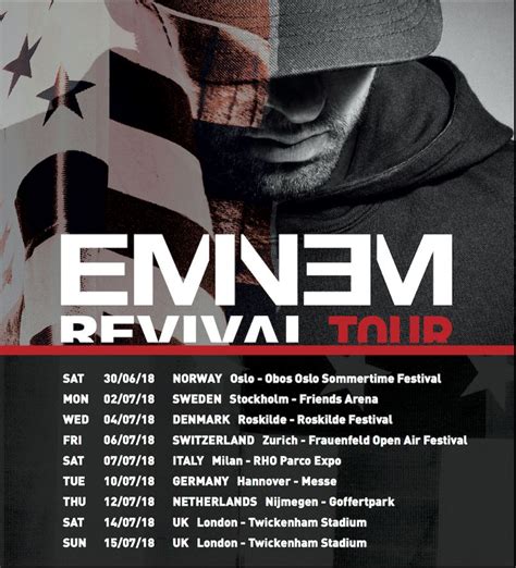 Don't miss the chance to see one of the greatest rappers of all time live on stage. Eminem is back with his new tour in 2024, featuring his classic hits and new songs. Find tickets for Eminem concerts near you and get ready for an unforgettable show. Check out the tour dates, venue details, concert reviews, photos, and more at Bandsintown.